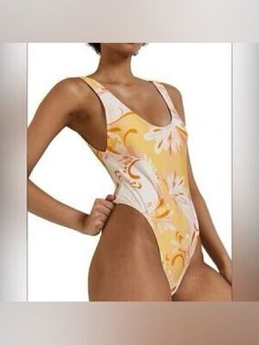 River Island Yellow Floral Print One-Piece Swimsuit Size US 14